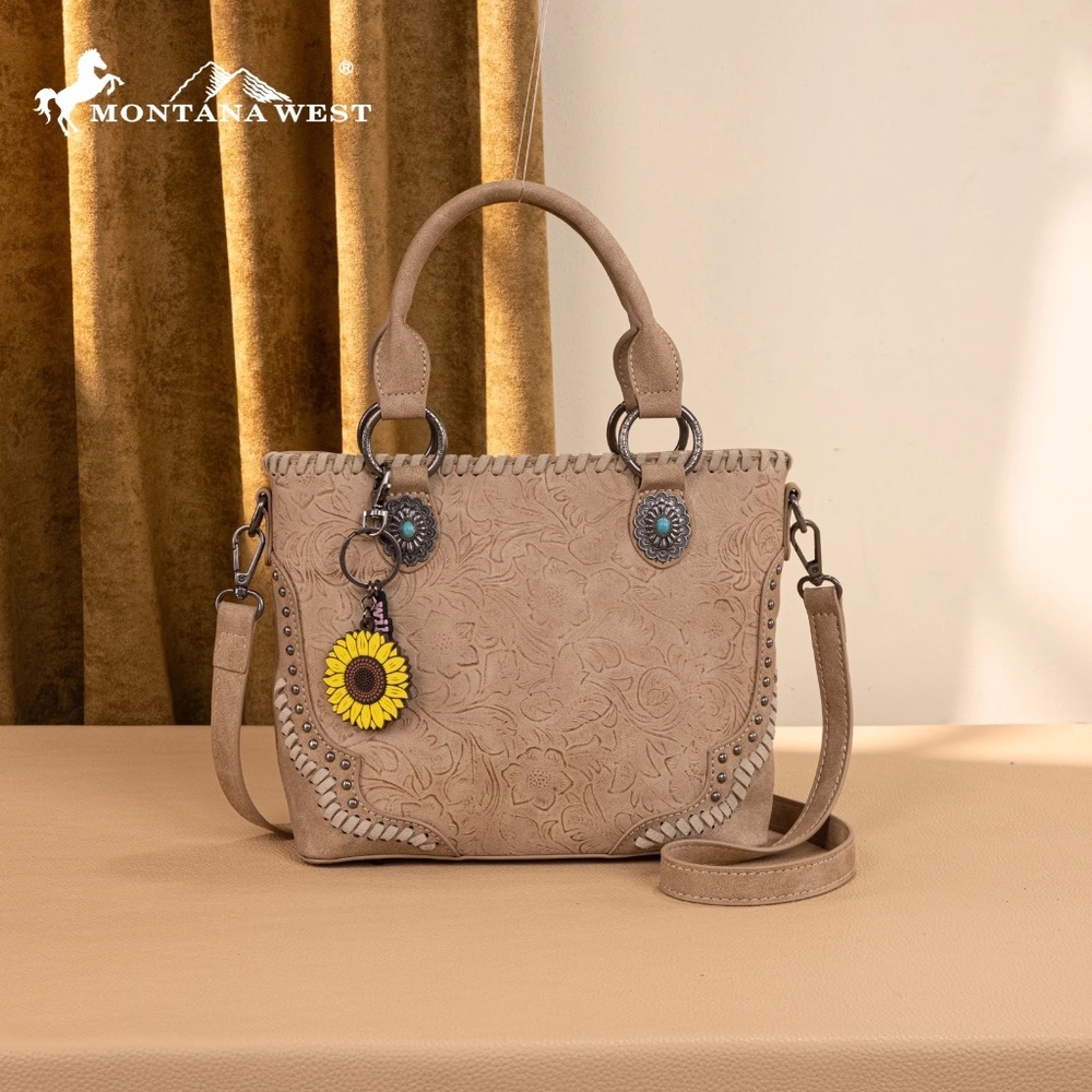 Montana West Taupe Tooled Leather Satchel with Sunflower Charm